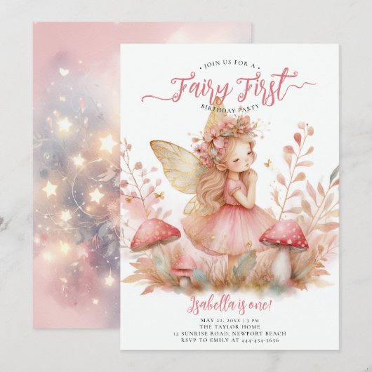 Invitation Fairy First Pink Gold Champhrooms Filles 1er anniv (Devant / Derrière)