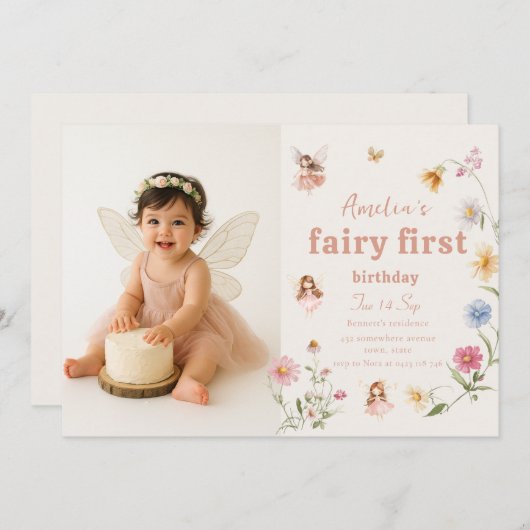 Invitation Fairy First Watercolor Widflower Birthday Photo (Devant / Derrière)