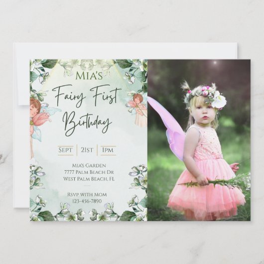 Invitation Fairy First Woodland Photo Anniversaire Enchanted (Devant)