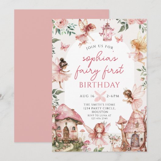 Invitation Fairy Floral Girls 1er anniversaire fête (Devant / Derrière)