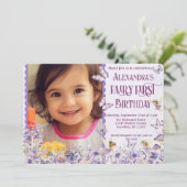 Invitation Fairy Florale Violette Premier Code QR Photo Anniv (Debout devant)