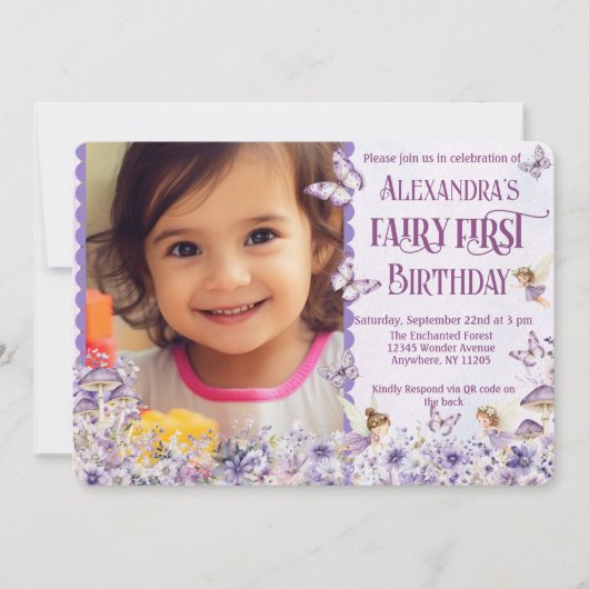Invitation Fairy Florale Violette Premier Code QR Photo Anniv (Devant)