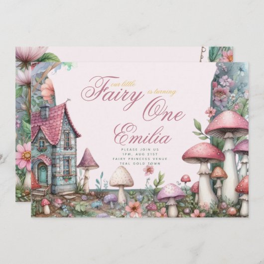 Invitation Fairy Garden 1er anniversaire ou EDIT AGE Or Turqu (Devant / Derrière)