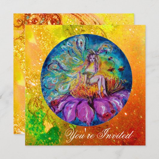 Invitation FAIRY IN NIGHT rose vert bleu jaune étincelles (Devant / Derrière)