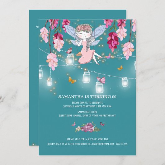 Invitation Fairy jardin fille swing mason lumières pot rose (Devant / Derrière)