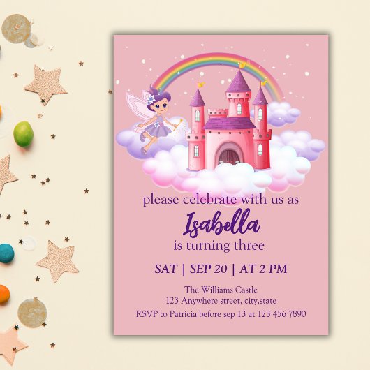 Invitation Fairy Kid's Birthday Fairytale Castle Rainbow
