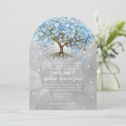 Invitation Fairy Lights Blue Heart Leaf Arbre Aquarelle (Debout devant)