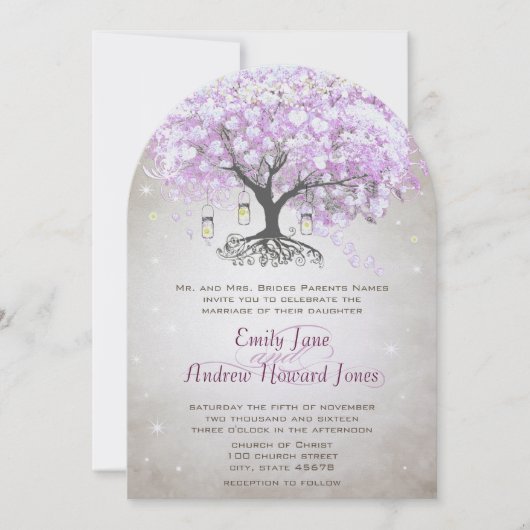 Invitation Fairy Lights Mason Jar Lavender Leaf Tree Mariage (Devant)