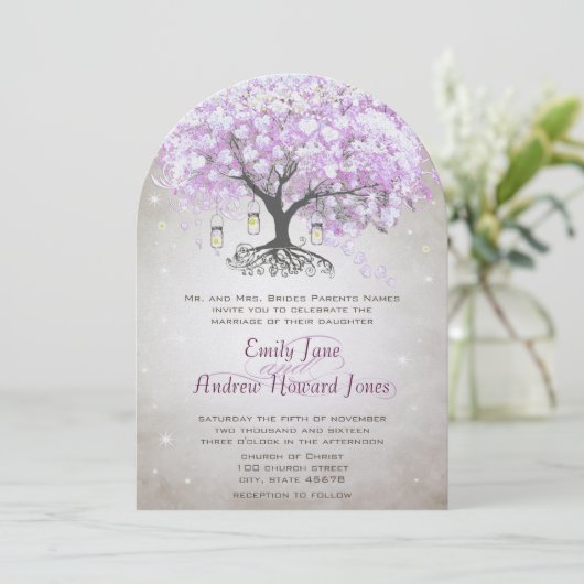 Invitation Fairy Lights Mason Jar Lavender Leaf Tree Mariage (Debout devant)