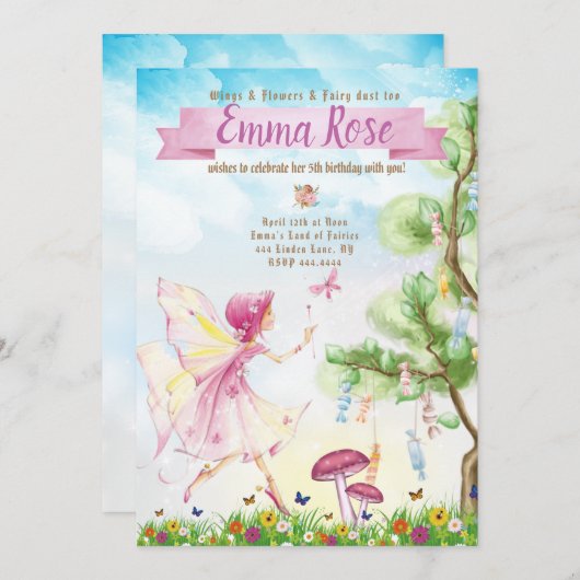 Invitation Fairy Magie fête d'anniversaire (Devant / Derrière)