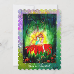 Invitation FAIRY ON RED FLOWER Purple Yellow Green Sparkings