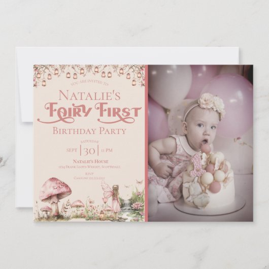 Invitation Fairy Premier thème Fille 1er anniversaire fête Pe (Devant)