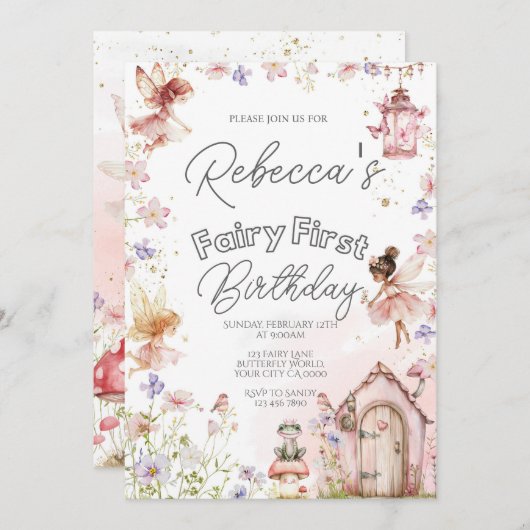Invitation Fairy Première fête d'anniversaire (Devant / Derrière)