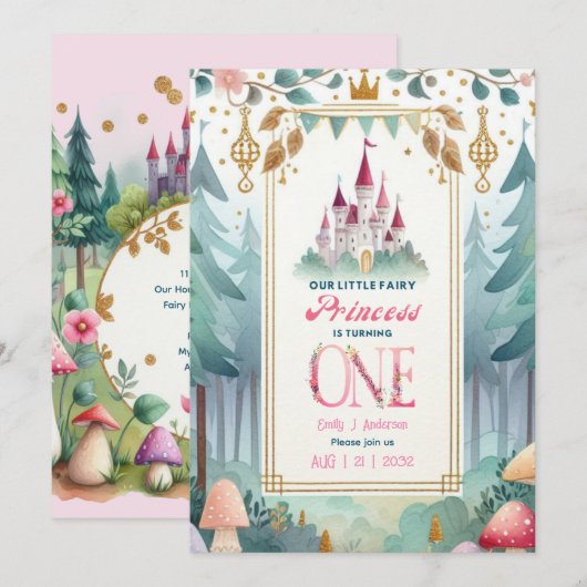 Invitation Fairy Princess 1er anniversaire Fairytale Fairycor (Devant / Derrière)
