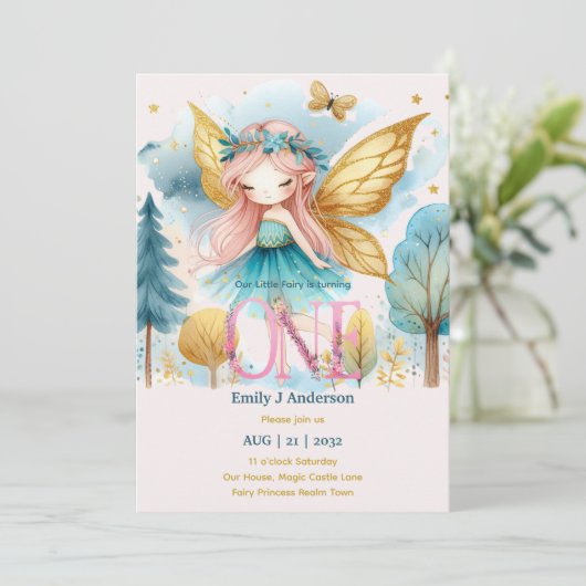 Invitation Fairy Princess 1er anniversaire ONE Pink Fairycore (Debout devant)