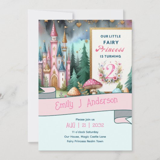 Invitation Fairy Princess 2e anniversaire DEUX Rose Fairycore (Devant)