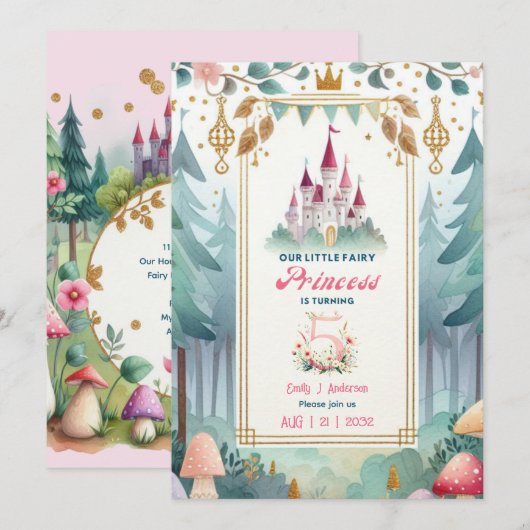 Invitation Fairy Princess 5e anniversaire Fairytale Fairycore (Devant / Derrière)