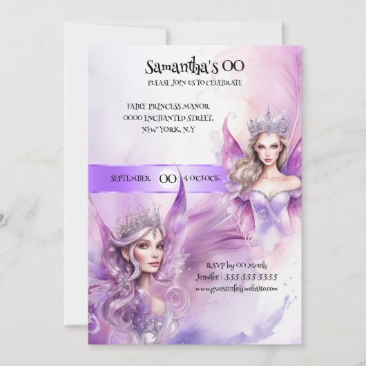 Invitation Fairy princesse mythique violet thème conte de fée (Devant)