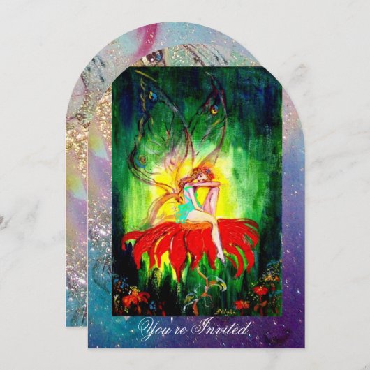 Invitation FAIRY RÊVER SUR UNE FLEURS ROUGE bleu jaune, vert (Devant / Derrière)