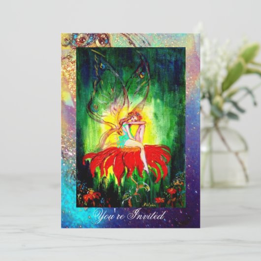 Invitation FAIRY RÊVER SUR UNE FLEURS ROUGE bleu jaune, vert (Debout devant)