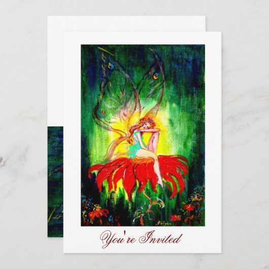 Invitation FAIRY RÊVER SUR UNE FLEURS ROUGE jaune vert (Devant / Derrière)