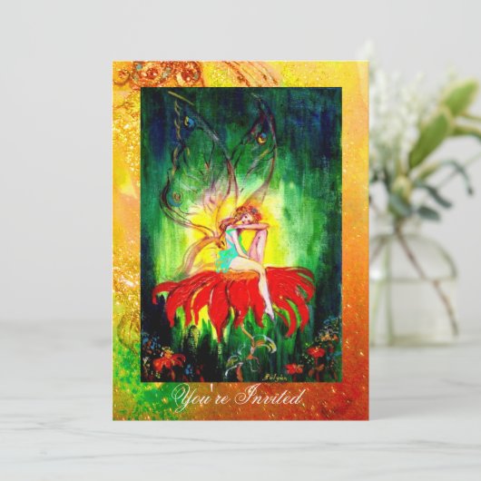 Invitation FAIRY RÊVER SUR UNE FLEURS ROUGE jaune vert (Debout devant)