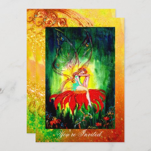 Invitation FAIRY RÊVER SUR UNE FLEURS ROUGE jaune vert (Devant / Derrière)