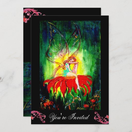 Invitation FAIRY RÊVER SUR UNE FLEURS ROUGE noir jaune vert (Devant / Derrière)