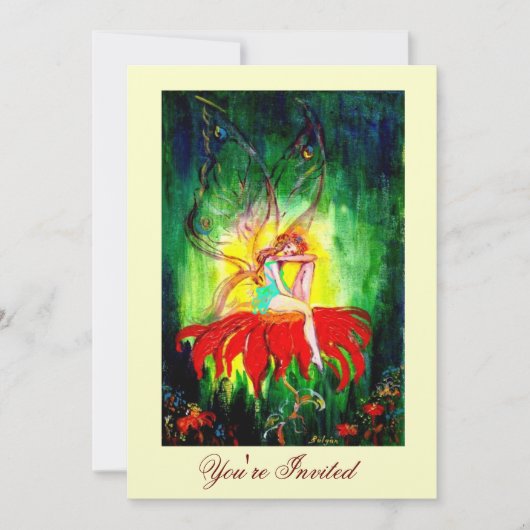 Invitation FAIRY RÊVER SUR UNE FLEURS ROUGE or jaune vert (Devant)
