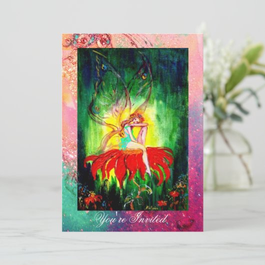 Invitation FAIRY RÊVER SUR UNE FLEURS ROUGE rose jaune vert (Debout devant)
