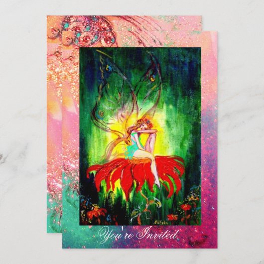 Invitation FAIRY RÊVER SUR UNE FLEURS ROUGE rose jaune vert (Devant / Derrière)
