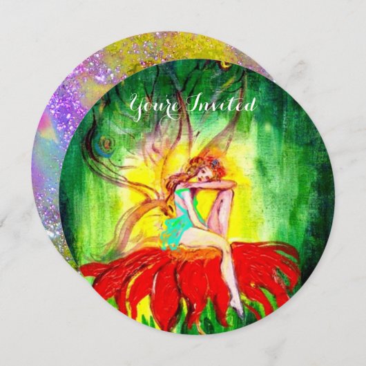 Invitation FAIRY RÊVER SUR UNE FLEURS ROUGE Rouge Vert Jaune (Devant / Derrière)