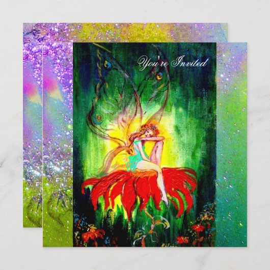 Invitation FAIRY RÊVER SUR UNE FLEUVE ROUGE violet jaune, ver (Devant / Derrière)