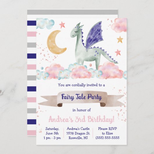 Invitation Fairy Tale, Dragon Theme Anniversaire (Devant / Derrière)