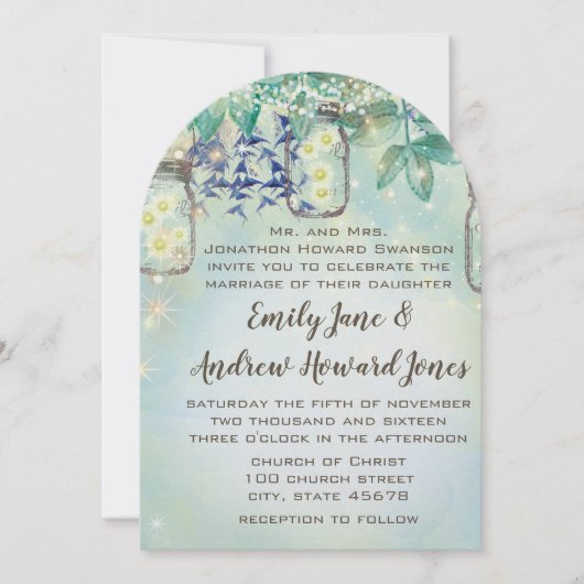 Invitation Fairy Tale Forest Blue Green Mason Jar Mariage (Devant)