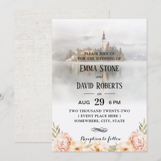 Invitation Fairy Tale Misty Lake Elégant Mariage Floral (Devant / Derrière)