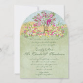 Invitation Fairy Tale Pink Green Floral Lovebird Tree Mariage (Devant)