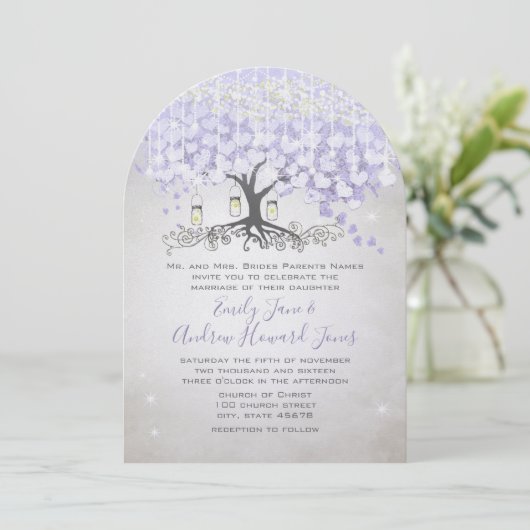 Invitation Fairy Tale Ultra Violet Heart Leaf Mariage Arbre (Debout devant)