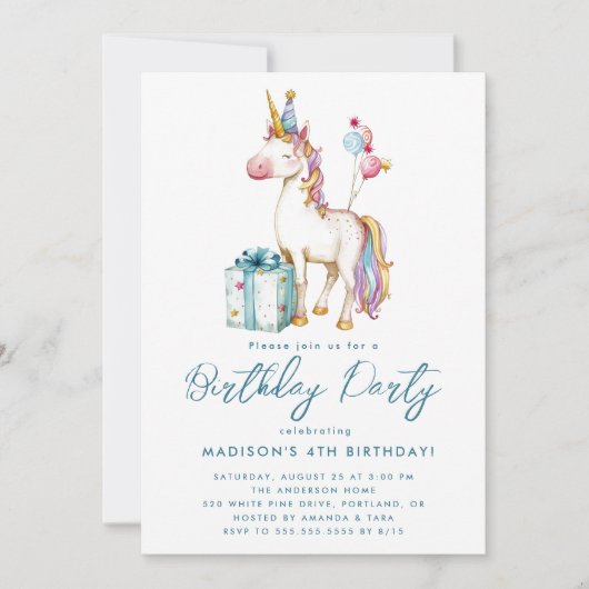 Invitation Fairy Tale Unicorn rose violet fête d'anniversaire (Devant)