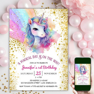 Invitation Fairy Unicorn 1er anniversaire Arc-en-ciel Parti