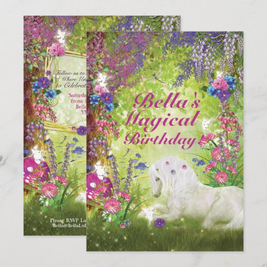Invitation Fairy Woodland fête l'anniversaire de l'Unicorne (Devant / Derrière)