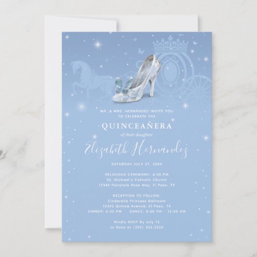 Invitation Fairytale Bleu Bleu Argent Cendrillon Quinceanera (Devant)