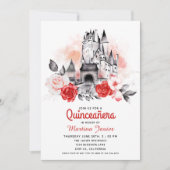 Invitation Fairytale Castle Quinceañera Rose rouge15e anniver (Devant)
