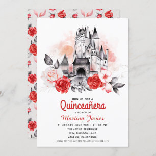 Invitation Fairytale Castle Quinceañera Rose rouge15e anniver