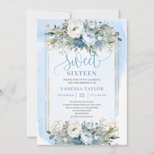 Invitation Fairytale Dusty Bleu Bleu Fleurs d'or doux 16 (Devant)