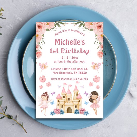 Invitation Fairytale et château rose floral 1er anniversaire