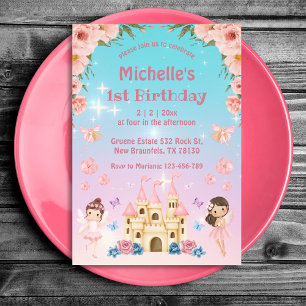 Invitation Fairytale et château rose floral 1er anniversaire 