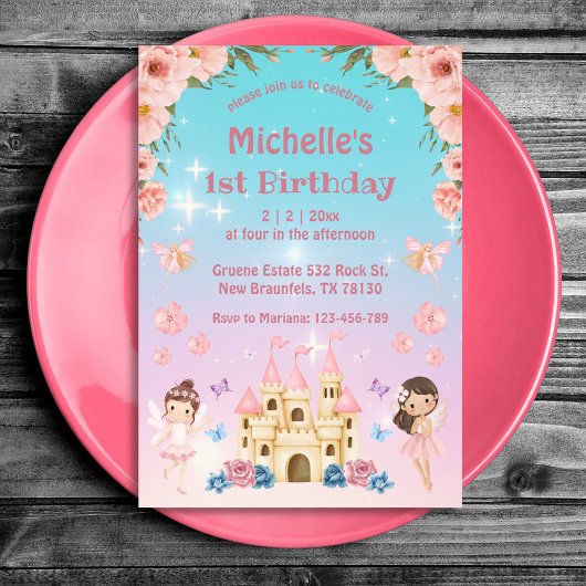 Invitation Fairytale et château rose floral 1er anniversaire