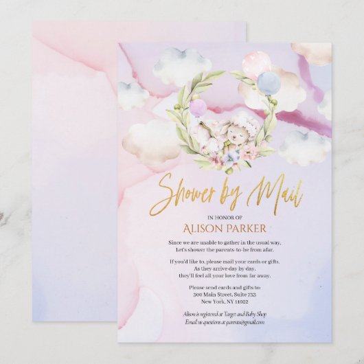 Invitation Fairytale Forest Rabbit rose | Baby shower par cou (Devant / Derrière)