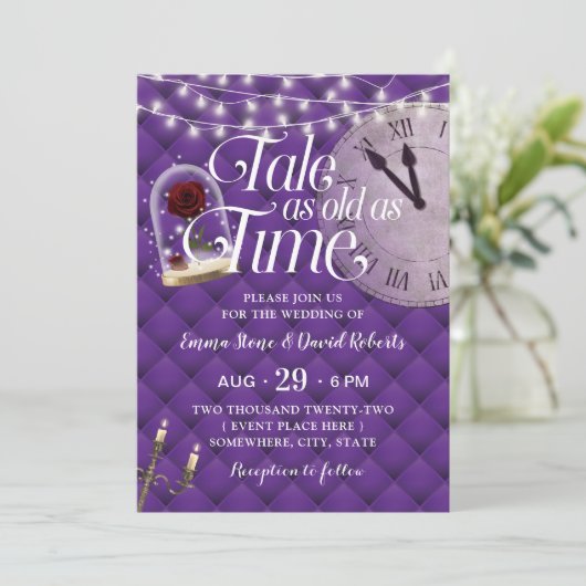 Invitation Fairytale Mariage moderne violet Motif Tufé (Debout devant)